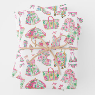 Preppy Pink and Green Palm Beach Chic Style Wrapping Paper Sheet