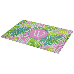 Preppy Pink and Green Palm Leaves Monogram Cutting Board
