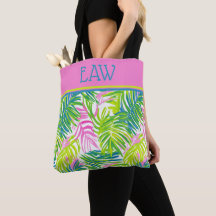 Preppy Pink and Green Palm Leaves Monogram