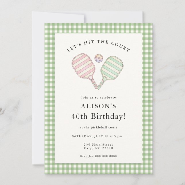 Preppy Pink and Green Pickleball Birthday party  Invitation (Front)