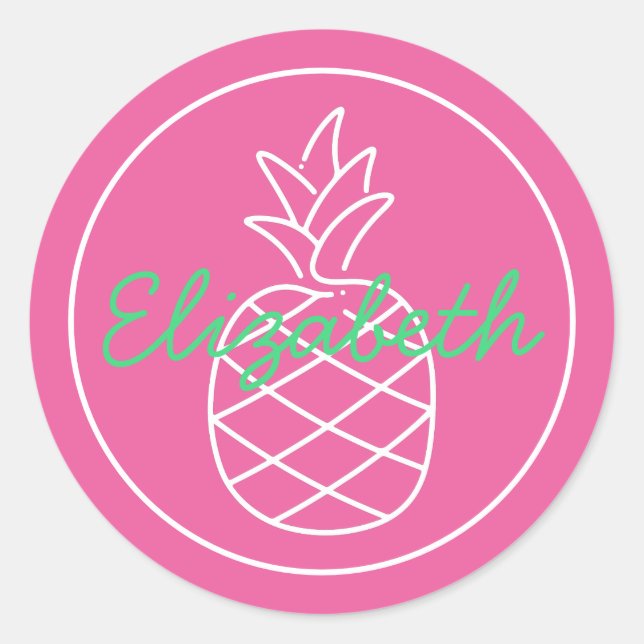 Preppy Pink and Green Pineapple Personalised Classic Round Sticker (Front)