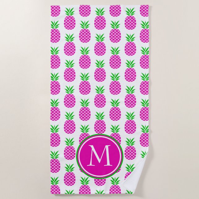 Preppy Pink and Green Pineapples on White Monogram Beach Towel (Front)