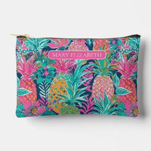 Preppy Pink and Green Pineapples Personalised Accessory Pouch
