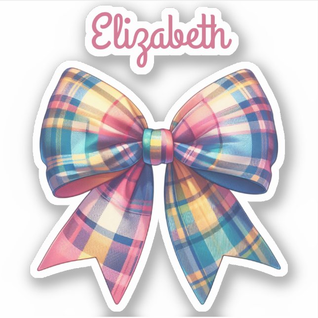 Preppy Pink and Green Plaid Bow and Name (Front)