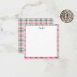 Preppy Pink and Green Plaid Monogram Card