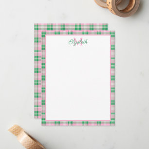 Preppy Pink and Green Plaid Monogram Card