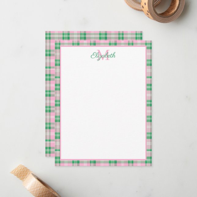 Preppy Pink and Green Plaid Monogram Card (Front/Back In Situ)
