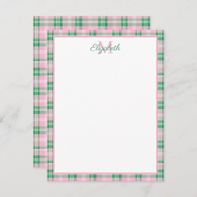 Preppy Pink and Green Plaid Monogram Card (Front/Back)