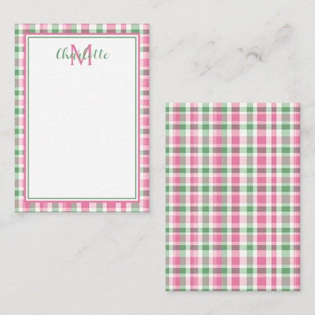 Preppy Pink and Green Plaid Monogram Card (Front/Back)