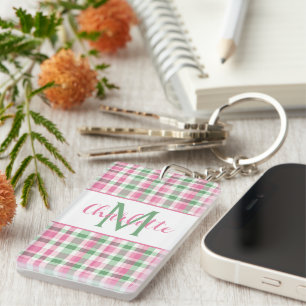 Preppy Pink and Green Plaid Monogram Key Ring