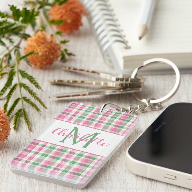 Preppy Pink and Green Plaid Monogram Key Ring (Front Right)