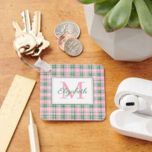 Preppy Pink and Green Plaid Monogram Key Ring