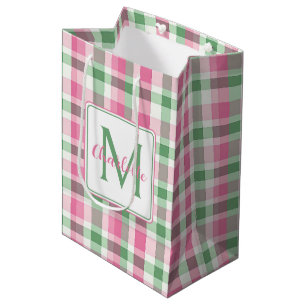 Preppy Pink and Green Plaid Monogram Medium Gift Bag