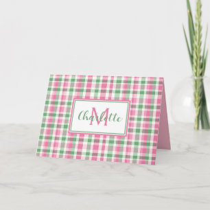 Preppy Pink and Green Plaid Monogram Note Card