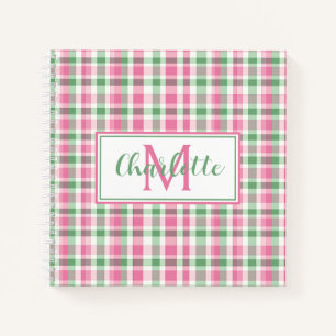 Preppy Pink and Green Plaid Monogram Notebook