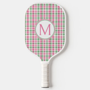 Preppy Pink and Green Plaid Monogram Pickleball Paddle