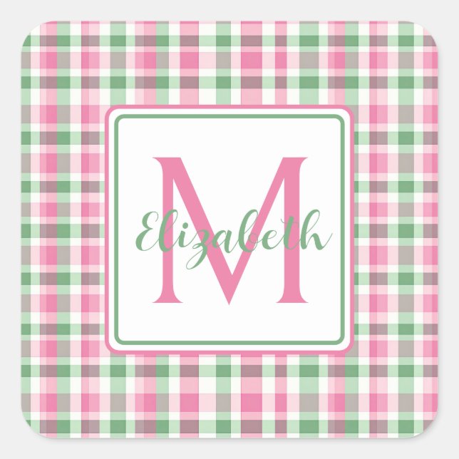 Preppy Pink and Green Plaid Monogram Square Sticker (Front)