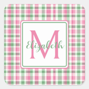 Preppy Pink and Green Plaid Monogram Square Sticker