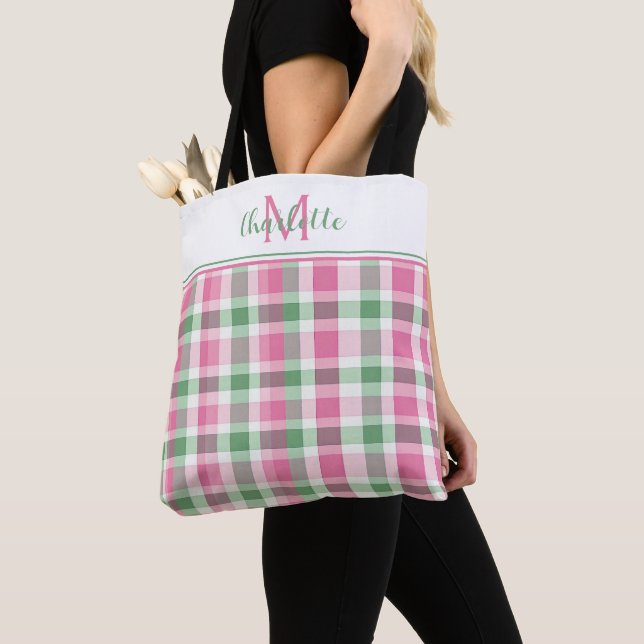 Preppy Pink and Green Plaid Monogram Tote Bag (Close Up)