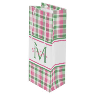 Preppy Pink and Green Plaid Monogram Wine Gift Bag