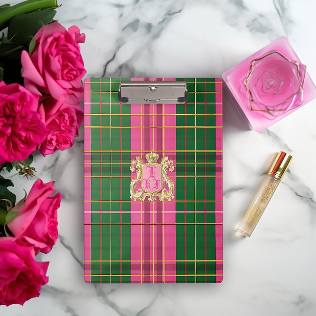 Preppy Pink and Green Plaid Monogrammed Clipboard (Stylish Pink and Green Monogrammed Crest Clip Board)