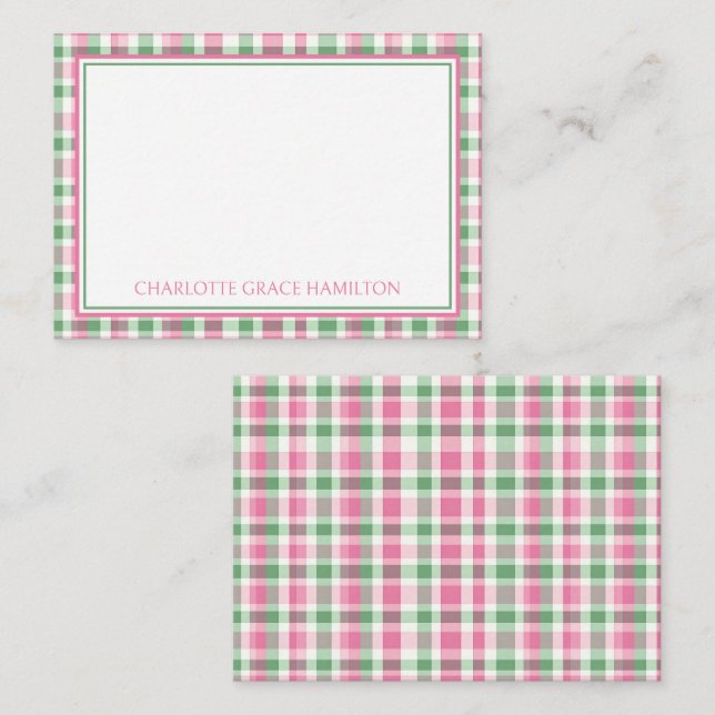 Preppy Pink and Green Plaid Personalised Card (Front/Back)
