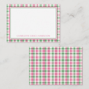 Preppy Pink and Green Plaid Personalised Card