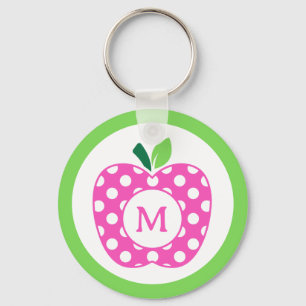 Preppy Pink and Green Polka Dot Apple Monogram Key Ring