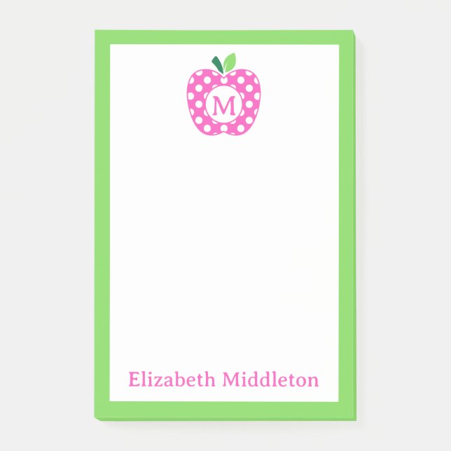 Preppy Pink and Green Polka Dot Apple Monogram Post-it Notes (Front)