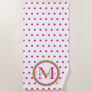 Preppy Pink and Green Polka Dot Monogram Beach Towel