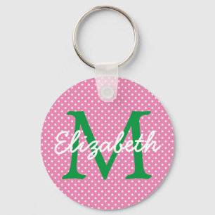 Preppy Pink and Green Polka Dot Monogram Key Ring