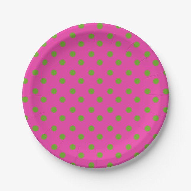 Preppy Pink and Green Polka Dots Paper Plate (Front)