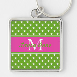 Preppy Pink and Green Stars Monogram Key Ring