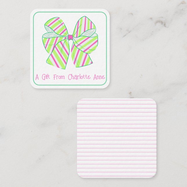Preppy Pink and Green Stripe Bow Personalised Card (Front/Back)