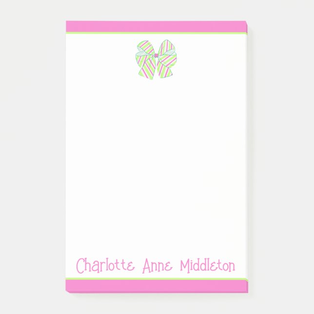 Preppy Pink and Green Stripe Bow Personalised Post-it Notes (Front)