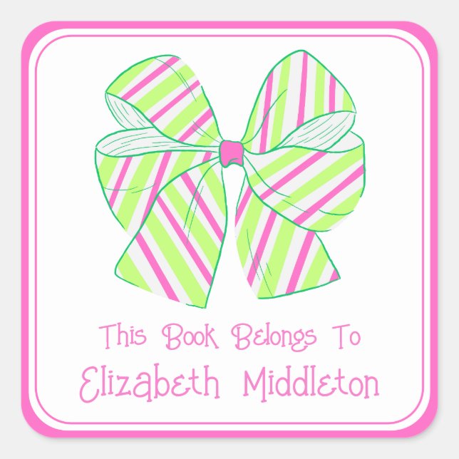 Preppy Pink and Green Striped Bow Bookplate Square Sticker (Front)