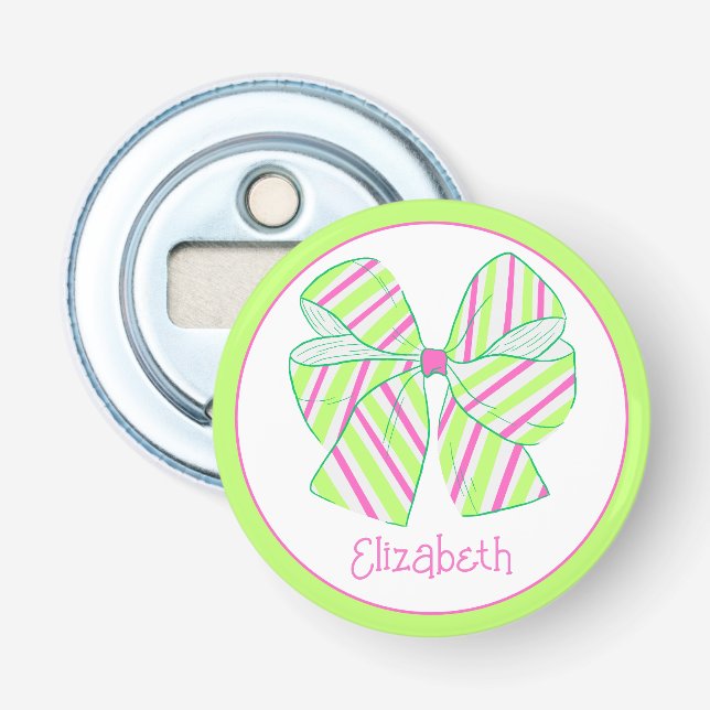 Preppy Pink and Green Striped Bow Personalised Bottle Opener (Front)