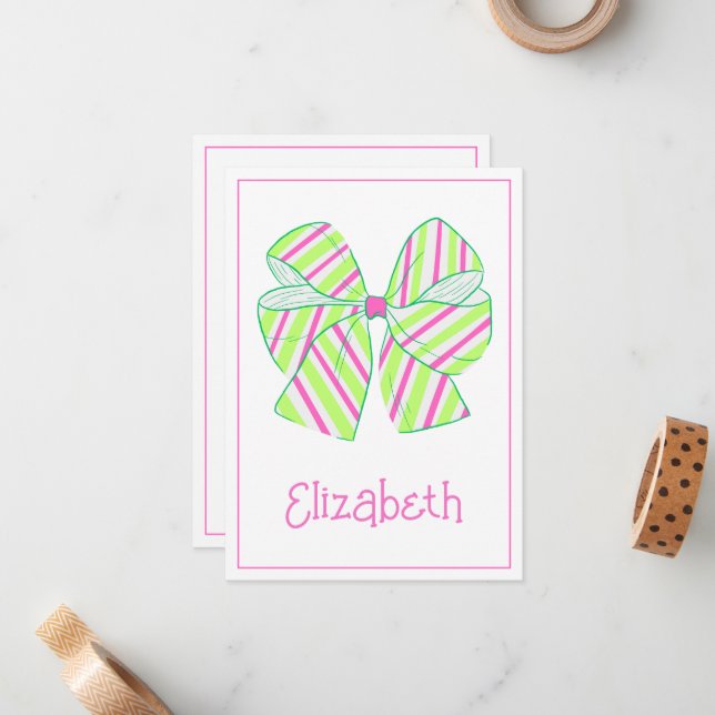 Preppy Pink and Green Striped Bow Personalised Card (Front/Back In Situ)