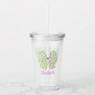 Preppy Pink and Green Striped Bows Personalised Acrylic Tumbler