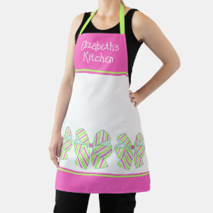 Preppy Pink and Green Striped Bows Personalised Apron