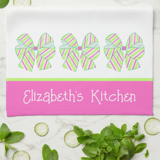 Preppy Pink and Green Striped Bows Personalised Tea Towel (Folded)