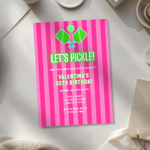 Preppy Pink and Green Striped Pickleball Birthday Invitation