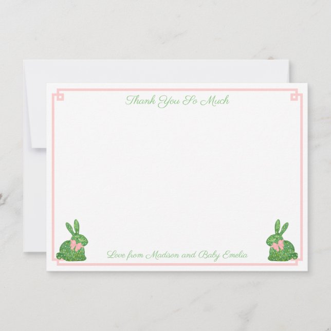 Preppy Pink And Green Topiary Rabbit Baby Shower  Thank You Card (Front)