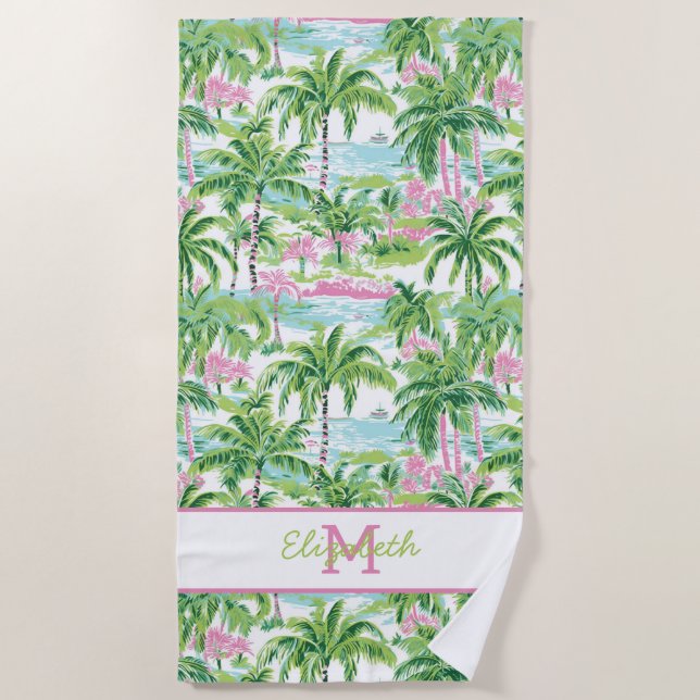 Preppy Pink and Green Tropical Palm Tree Monogram Beach Towel (Front)