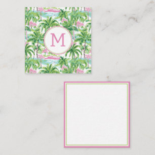 Preppy Pink and Green Tropical Palm Tree Monogram Card