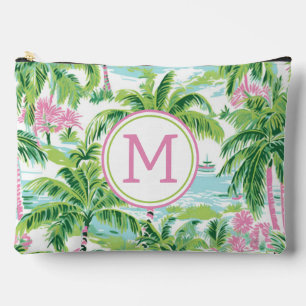 Preppy Pink and Green Tropical Palm Trees Monogram Accessory Pouch