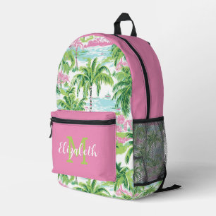 Preppy Pink and Green Tropical Palm Trees Monogram Printed Backpack