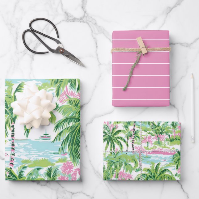 Preppy Pink and Green Tropical Palm Trees Wrapping Paper Sheet (Front)