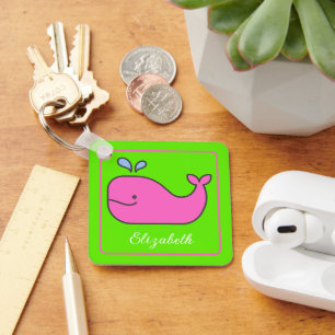 Preppy Pink and Green Whale Personalised Key Ring