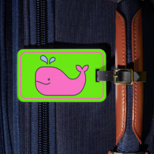 Preppy Pink and Green Whale Personalised Luggage Tag